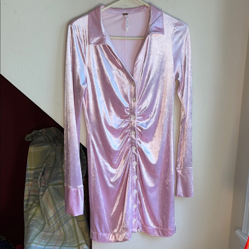 Free People Blush Pink Romantic Button Front Velvet Mini Dress‎ S
